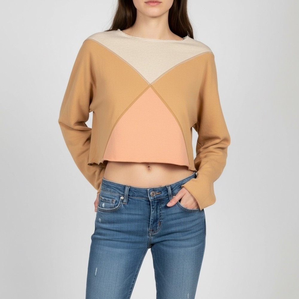 Free People Women's Beige Yellow Color block Cropped Sweatshirt Size Small Comfy